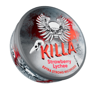 Killa Strawberry Lychee Extra Strong 12.8mg tobacco-free nicotine pouches in Australia with strawberry lychee extra strong 12. flavour and 8mg strength